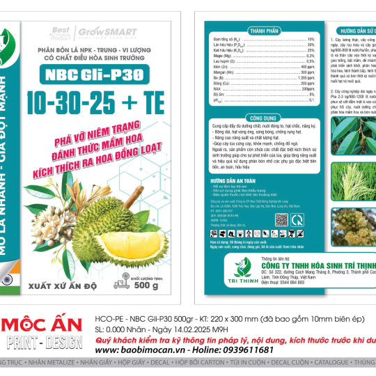 PHÂN BÓN LÁ NPK - TRUNG - VI LƯỢNG CÓ CHẤT ĐHST NBC GLI - P30 - 500G - 10-30-25+TE Market